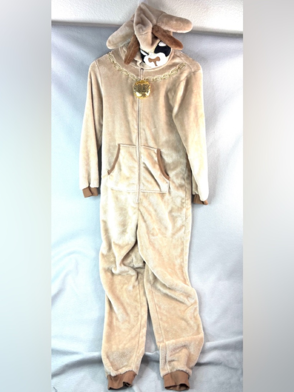 GOAT Costume M Velour Zip Jumpsuit Cozy Plush Hooded Furry - Beige
